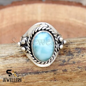 Anillo de larimar dominicano, anillo de plata de ley 925, anillo hecho a mano, anillo de filigrana, anillo de bodas, anillo de larimar azul, regalo de aniversario para ella