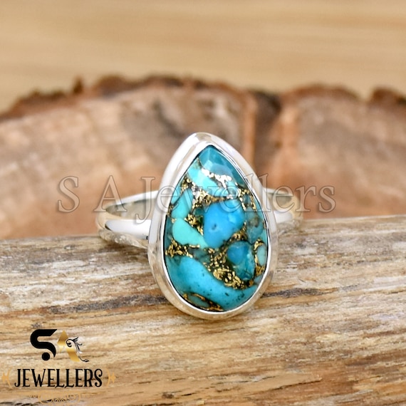Handmade Pear Blue Copper Turquoise Ring, 925 Sterling Silver