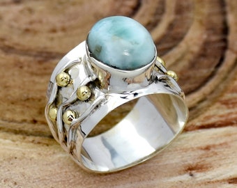 Natural Larimar Ring Wide Band Two Tone Ring Hammered Ring Sterling Silver Ring for Women Dominican Republic Larimar Blue Stone Worry Ring