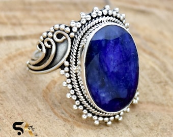 Anillo de zafiro indio, anillo de plata de ley 925, anillo de zafiro azul ovalado, joyería de filigrana, anillo boho, anillo de declaración, regalo para ella