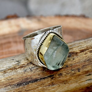 Raw Green Amethyst Ring, 925 Sterling Silver Ring, Raw Gemstone Ring, Statement Ring, Two Tone Ring, Hammered Ring, Gift For Her