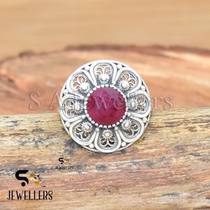 Indian Ruby Ring, 925 Sterling Silver Ring, Handmade Ring, Round Gemstone Ring, Statement Ring, Hammered Ring, Filigree Ring, Gift For Her