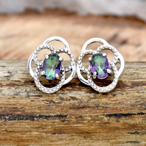 Mystic Topaz Stud Earrings, 925 Sterling Silver Studs Oval Shape Gemstone Stud Earring Statement Earrings, Mystic Studs Perfect Gift For Her