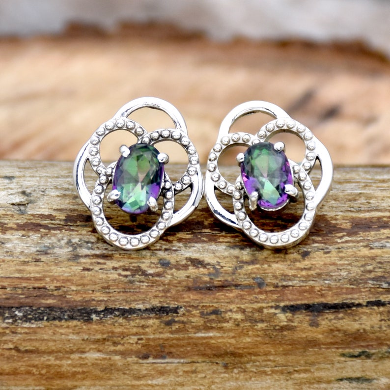 Mystic Topaz Stud Earrings, 925 Sterling Silver Studs Oval Shape Gemstone Stud Earring Statement Earrings, Mystic Studs Perfect Gift For Her image 1