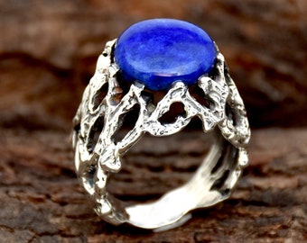 Jewels House Fancy Lapis Lazuli Oval Gemstone Silver Plated Handmade Vintage Style Ring US-7.25