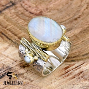 Moonstone Ring, 925 Sterling Silver Ring, Natural Moonstone and Pearl Ring, Two Tone Ring, Wide Ring, Flower Textured Ring Handmade Jewelry