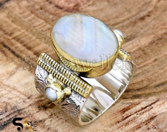 Moonstone Ring, 925 Sterling Silver Ring, Natural Moonstone and Pearl Ring, Two Tone Ring, Wide Ring, Flower Textured Ring Handmade Jewelry