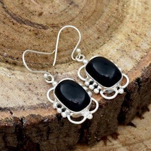 Natural Black Onyx Earrings / 925 Sterling Silver Earrings / Onyx Statement Earrings / Bezel Setting Earrings /Drop Silver Earrings Gift Her