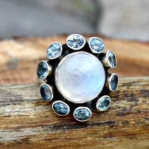 Moonstone and Blue Topaz Ring, 925 Sterling Silver Ring, Handmade Ring, Statement Ring, Multi Stones Ring, Anniversary Ring, Gift For Her