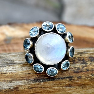 Moonstone and Blue Topaz Ring, 925 Sterling Silver Ring, Handmade Ring, Statement Ring, Anniversary Ring, Multi Stones Ring Gift For Her