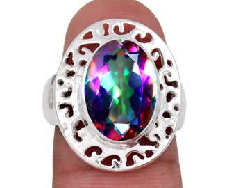 Rainbow Mystic Topaz Ring: Hammered 925 Sterling Silver Filigree