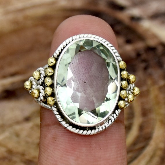 Green Amethyst Ring 925 Sterling Silver Ring Two Tone Ring Triple
