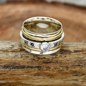 Cubic Zirconia Ring, 925 Sterling Silver Ring, Spinner Ring, Two Tone Ring, April Birthstone Ring Meditation Ring Spinning Ring Gift For Her