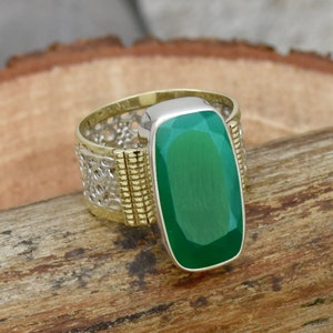 Green Onyx Sterling Silver Ring - Two Tone Handmade Dainty Ring