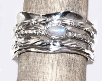 Moonstone spinner Ring 925 Sterling Silver Ring Wide Band meditation Ring boho Ring 3 tone Ring gift for her