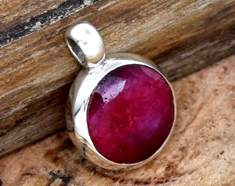 Round Indian Ruby Pendant: Minimalist Sterling Silver Artisan Jewelry