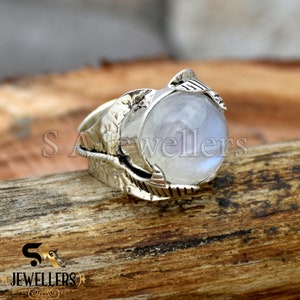 Handmade Round Moonstone Ring: Hammered Sterling Silver Leaf Design