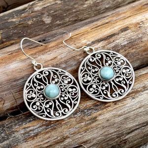 Sterling Silver Larimar Earrings: Handmade Filigree Dangle Jewelry