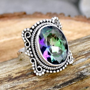 Mystic Topaz Ring, 925 Sterling Silver Ring, Oval Mystic Topaz Ring, Gift for her, Designer Ring, Statement Ring, Handmade Filigree Jewelry