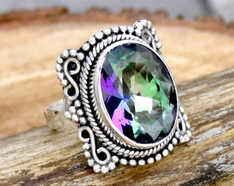 Anillo de topacio místico en plata de ley con filigrana hecho a mano