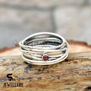Handmade Sterling Silver Garnet Ring: Modern Multi-Layer Wire Wrap