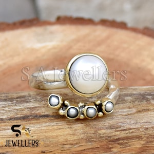 Freshwater Pearl Ring: Sterling Silver Adjustable Two-Tone Solitaire