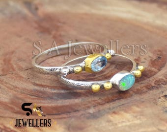 Opal & Blue Topaz Sterling Silver Ring - Two Tone Gemstone