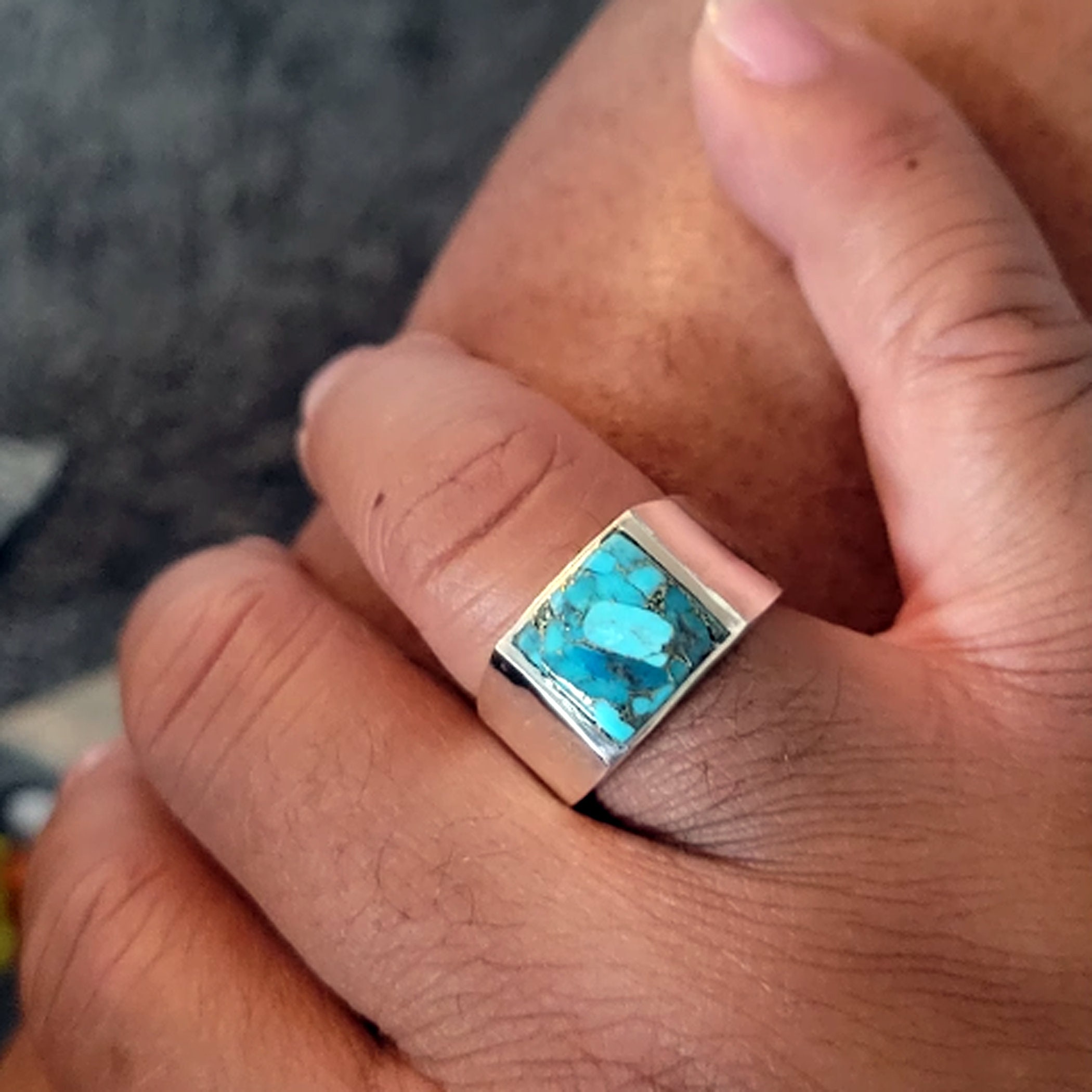 Men's Antique Turquoise Gemstone Ring - Solid 925 Sterling Silver & Copper Biker Ring