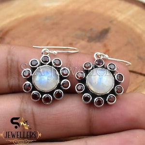 Handmade Sterling Silver Moonstone Garnet Earrings: Anniversary Jewelry