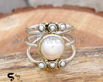 Natural Pearl Ring, Wire Wrap Ring, 925 Sterling Silver Ring, Pearl Solitaire Stones Silver Ring, Two Tone Ring, Boho Fresh Water Pearl Ring