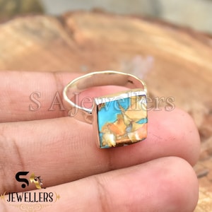 Square Oyster Copper Turquoise Ring, Hammered 925 Sterling Silver Band
