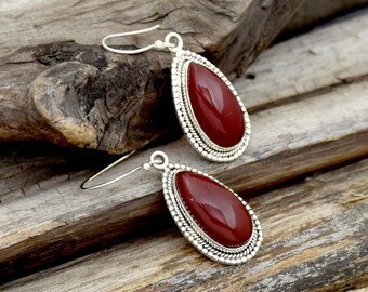 Gift for Women Round Shape Ladies and Girls ❤️❤️ Natural Red Onyx ️Stud Earrings ❤️❤️ Red Color 925 Sterling Silver Handcrafted Designer Stylish Charm Fashion Jewelry