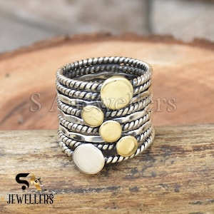 Anello avvolgente in filo metallico fatto a mano, anello in argento sterling 925, anello bicolore, anello in filo metallico intrecciato, anello multifascia, anello impilabile in argento, fascia larga