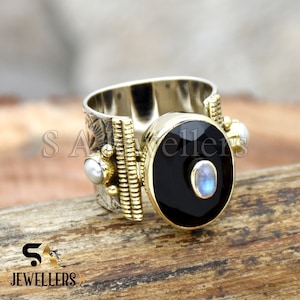Black Onyx Ring, 925 Sterling Silver Ring, Pearl And Moonstone Ring, Two Tone Ring, Inlaid Gemstone Flower Textured Ring Handmade Jewelry
