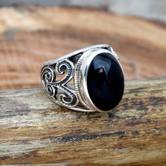 Natural Black Onyx Ring for Men 925 Sterling Silver Ring