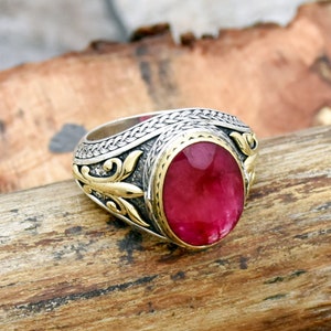 Handmade Sterling Silver Men&#39;s Ring: Two-Tone Indian Ruby Statement Ring
