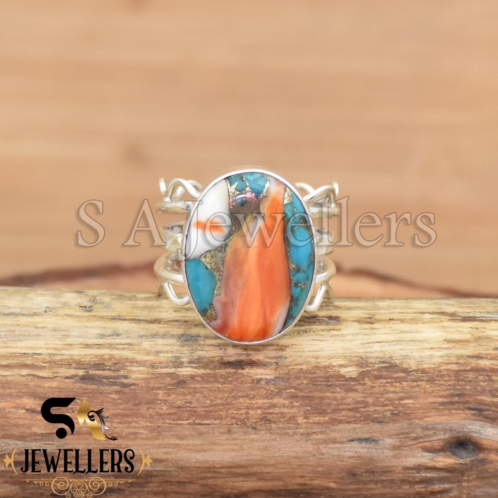 ハンドメイドオイスターターコイズリング：925スターリングシルバーの