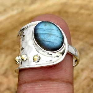 Blue Flash Labradorite Ring: Hammered Sterling Silver Two-Tone Statement Ring