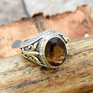 Natural Smokey quartz Ring, 925 Silver Ring, Smokey Topaz and Handmade Ring, Two Tone Ring, Silver With Brass, Handmade Jewelry