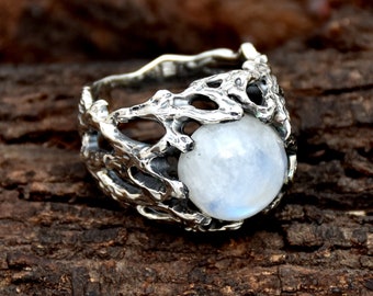 Natural Moonstone Ring, 925 Sterling Silver Ring, Handmade Ring, Round Gemstone Ring, Twig Ring, Boho Ring, Branches Ring, Ready To hip