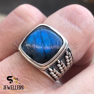 Blue Fire Labradorite Ring, 925 Sterling Silver Ring, Handmade Ring, Cushion Gemstone Ring, Statement Ring Men's Ring, Textured Ring