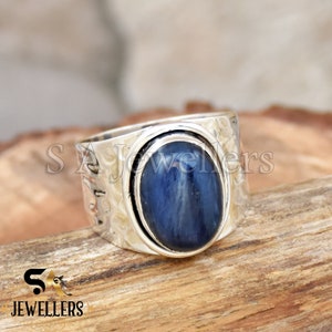 Blue Kyanite Sterling Silver Ring: Handmade Hammered Band