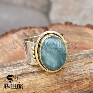 Natural Aquamarine Ring, 925 Sterling Silver Ring, Handmade Ring, Two Tone Ring Oval Gemstone Ring Handmade Jewelry Anniversary Gift For Her