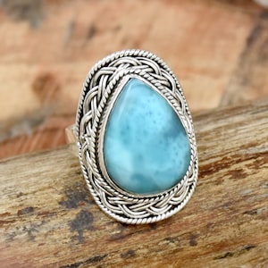 Handmade Pear Larimar Ring: Filigree Sterling Silver Statement Ring
