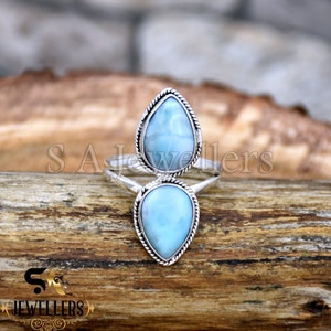 Natural Dominican Larimar Ring, 925 Sterling Silver Ring, Handmade Silver Ring, Statement Ring, Bohemian Ring, Anniversary Ring Gift For Her
