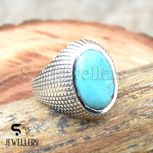Handmade Mohave Turquoise Sterling Silver Ring - Bohemian Men&#39;s Ring
