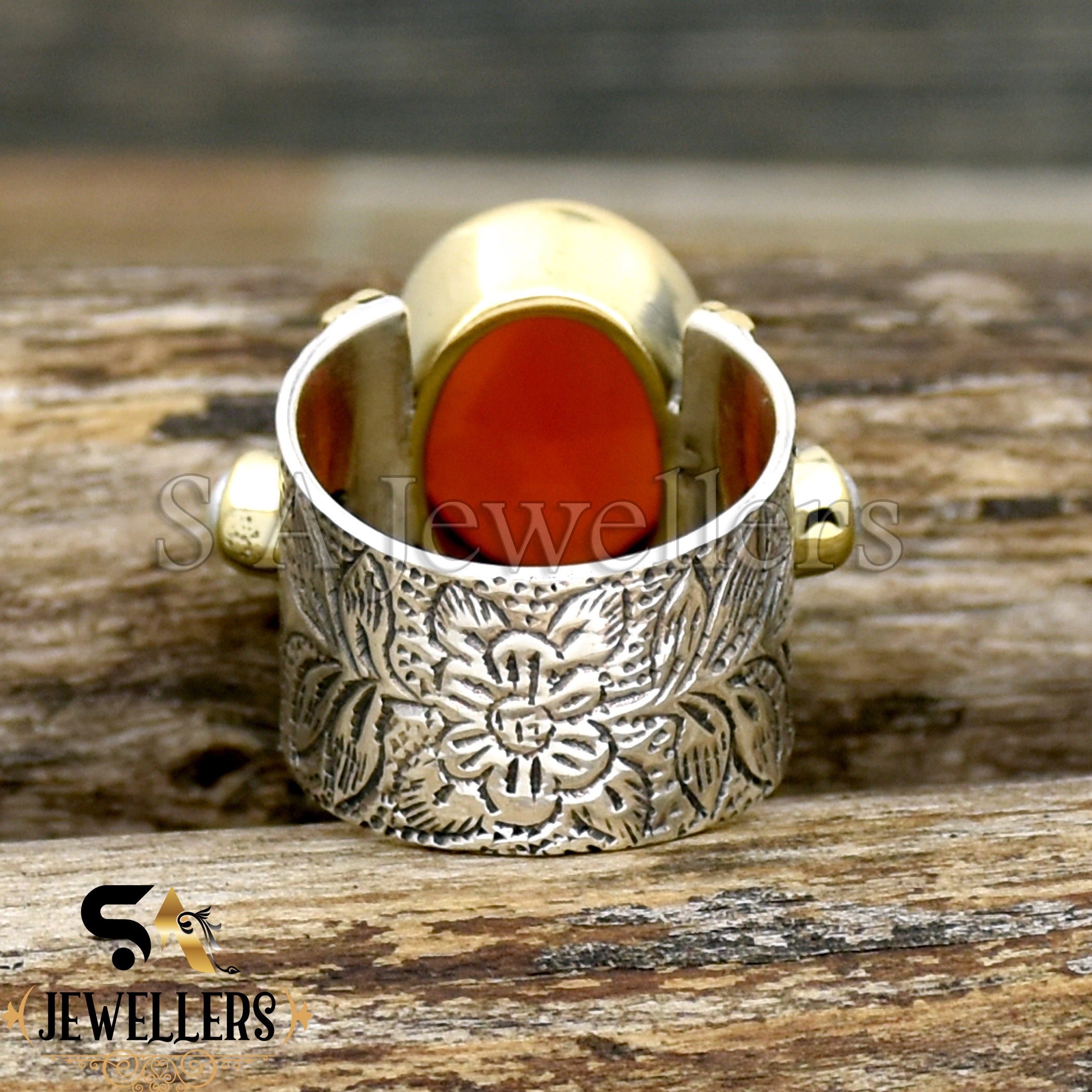 ハンドメイドカーネリアン＆パールリング：ツートン925スターリング