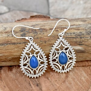 Blue Chalcedony Earrings: Handmade 925 Sterling Silver Filigree