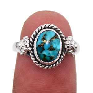 Copper Turquoise Sterling Silver Ring: Oval Boho Statement Ring