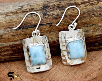 Natural Larimar Earrings, 925 Sterling Silver Earrings, Handmade Earrings,  Hammered Silver, Statement earring, Handmade Jewelry For women&#39;s